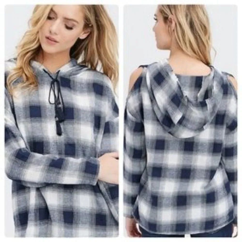Cold shoulder plaid hooded top